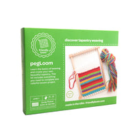 Box with an image of a rainbow tapestry made on a wooden peg loom 