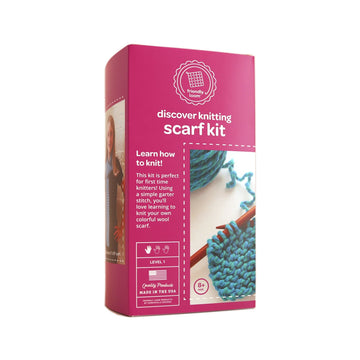 Box showing a blue partially knit scarf 