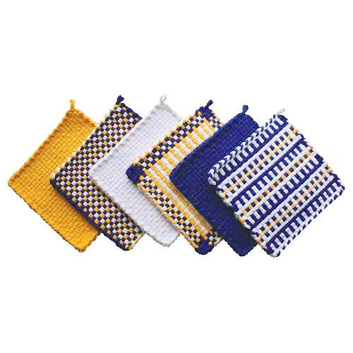 Six potholders made for yellow, blue, and white pro loops