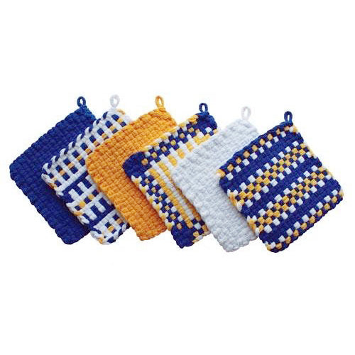 Six solid color and patterned potholders made of yellow, white, and blue loops