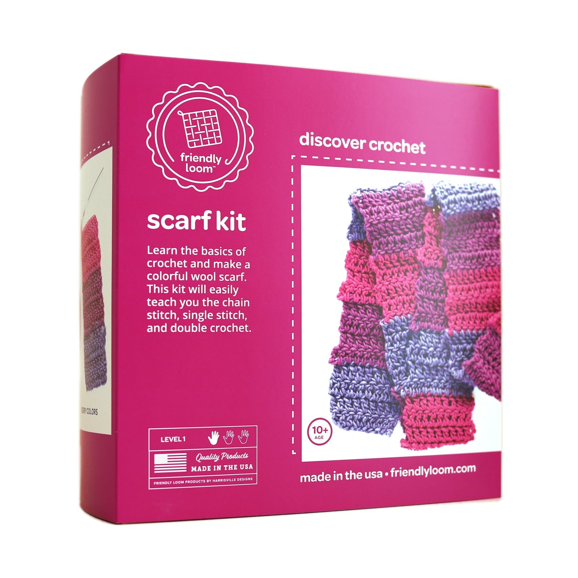 Box showing a completed pink and purple scarf
