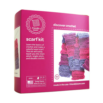 Box showing a completed pink and purple scarf
