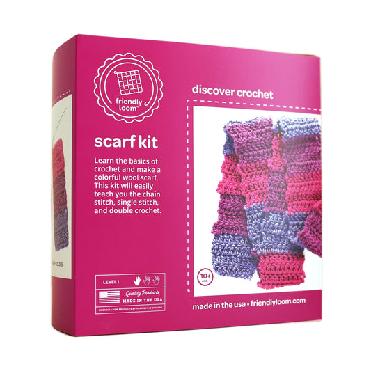Box showing a completed pink and purple scarf