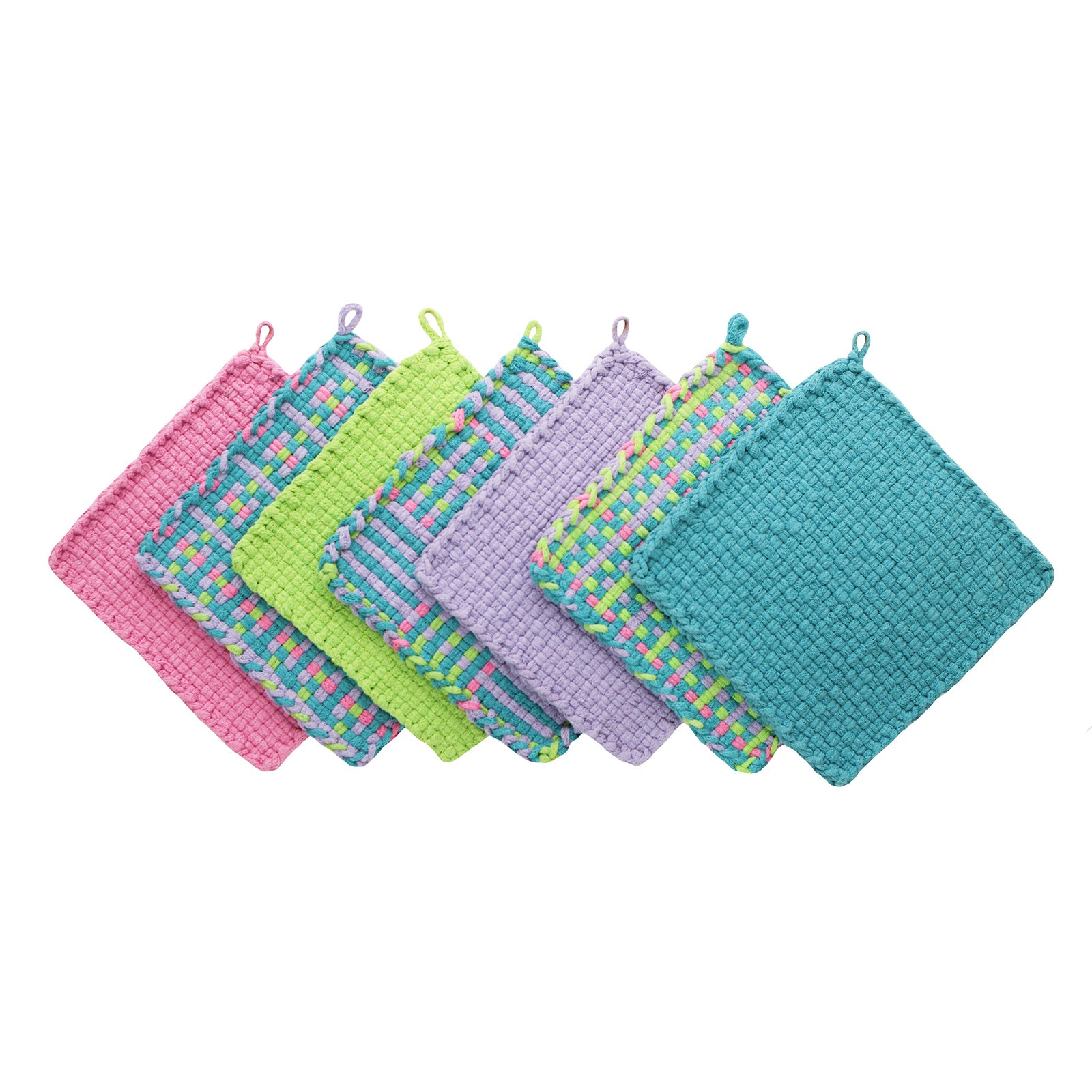 Seven pastel potholders made from primarily pink, green, purple, and blue pro loops