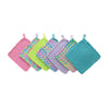 Seven pastel potholders made from primarily pink, green, purple, and blue loops